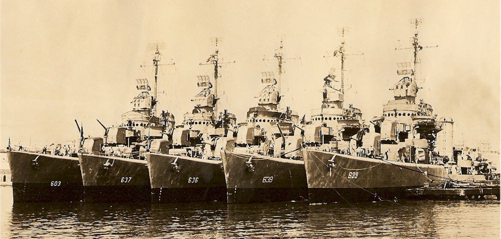The USS Gherardi (637) lines up with other U.S. destroyers during World War II