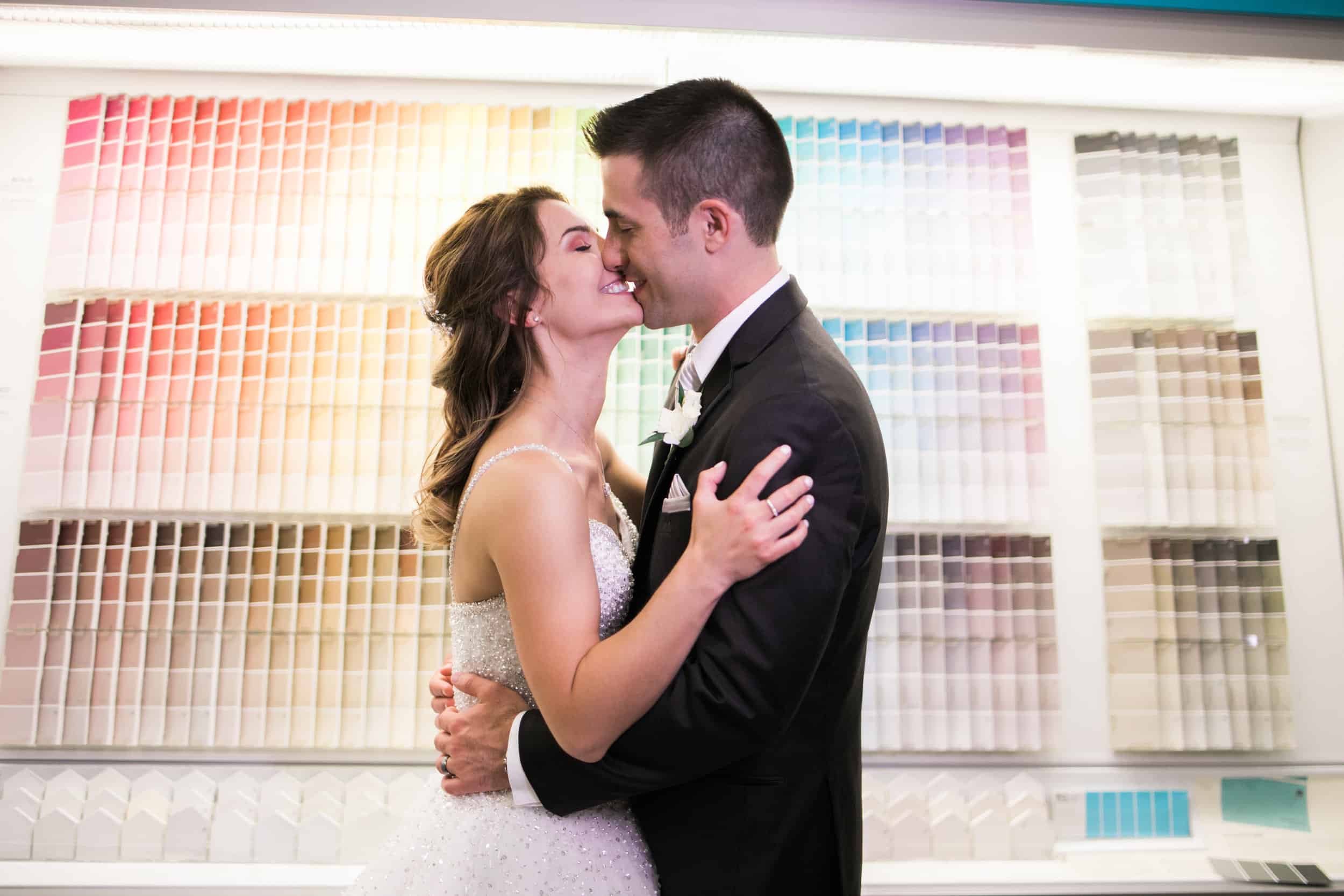 Wedding couple takes photos at lowes hardware due to rain11